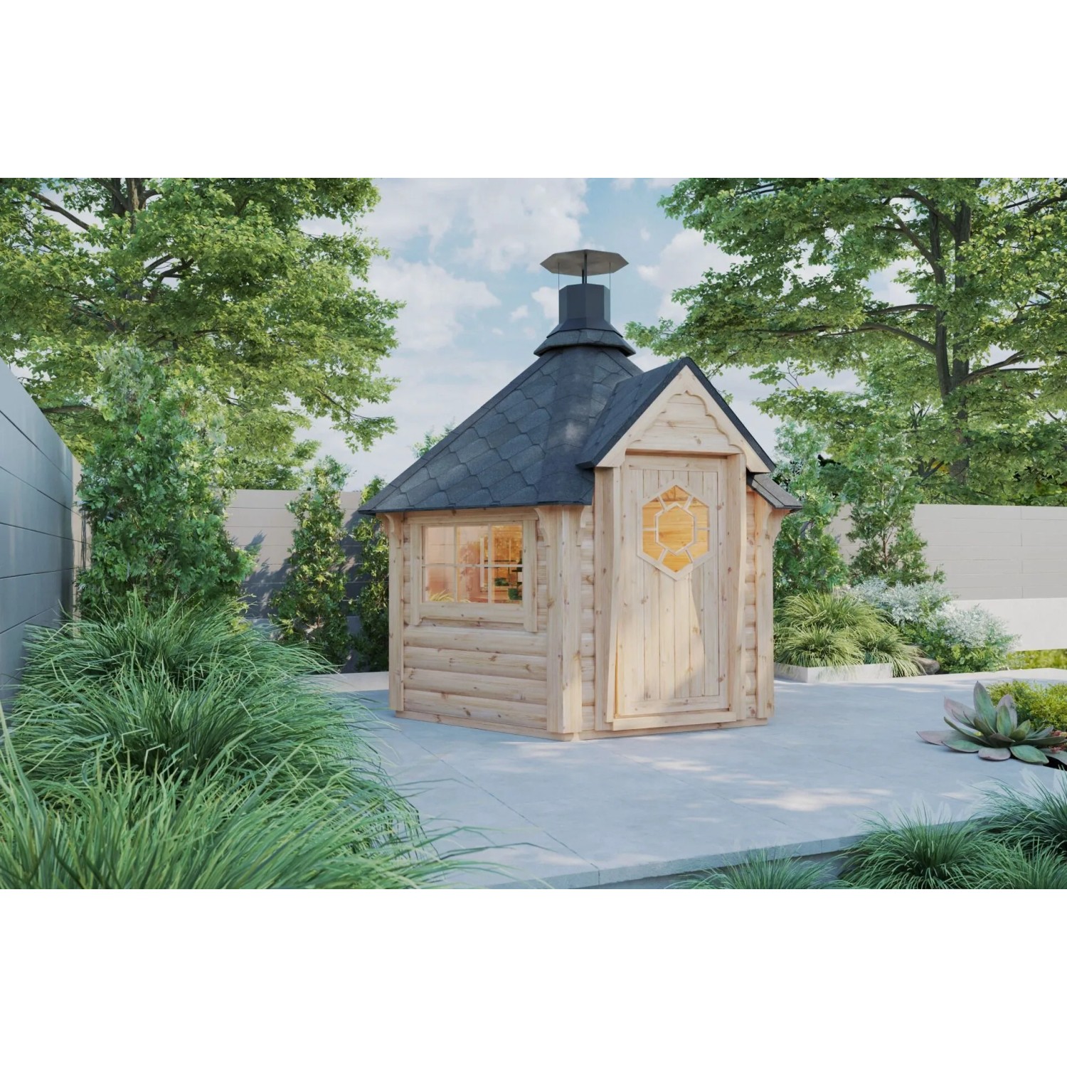 Finn Art Blockhaus Grillkota Elegance 4.5 qm mit 18 mm Fußboden 1/3 Fenster zum öffnen Schindeln Schwarz_2