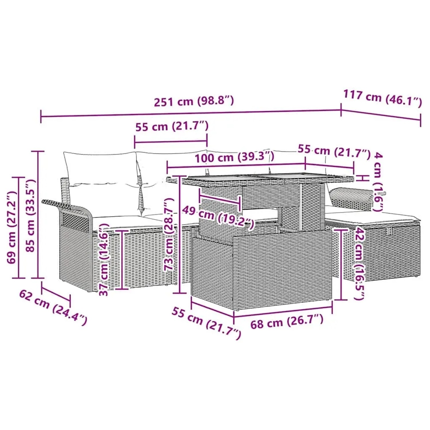 vidaXL Gartenmöbel-Set, 6-teilig, schwarz, Poly Rattan, höhenverstellbarer Tisch mit Maßen.