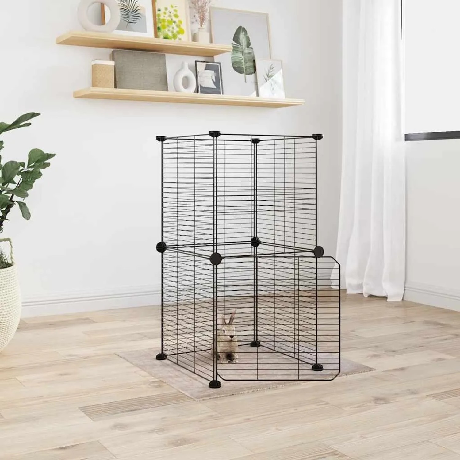 Schwarzer, modularer 8-tlg. Haustierkäfig aus Stahl mit Tür für Nager und Kleintiere.