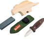 Scout Schnitz-Set für Kinder: Messer, Holzrohling, Schleifstein und Messertasche.