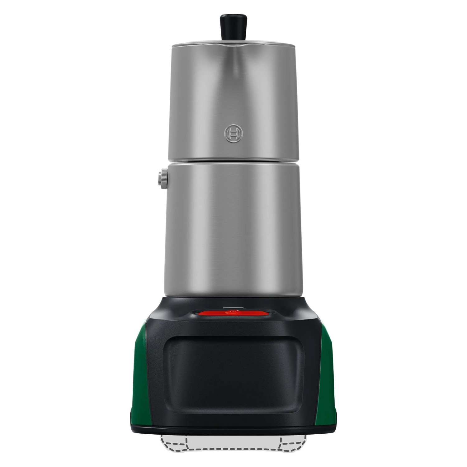 Bosch Akku-Espressokocher EasyMoka 18V-2 Inox. Silberner Moka-Topf auf grün-schwarzer Akkugeräte-Basis.