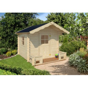 Unbehandeltes Palmako Spielhaus Stina mit Boden, 180x180cm, im Garten.