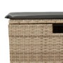 Detailansicht: Beige Poly Rattan Gartenmöbel mit grauem Kissen. Teil einer 4-tlg. Sofagarnitur.