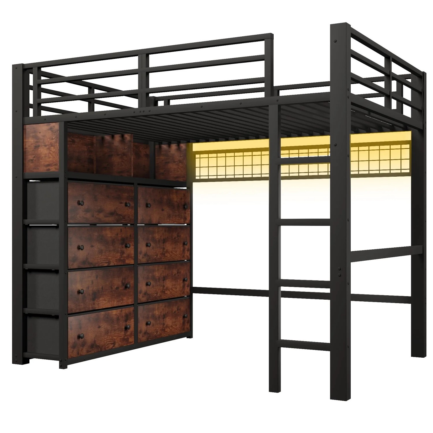 Merax Metall Kinder Hochbett 140x200 cm Mit 8 Schubladen Regalen Lochwand LED Schwarz