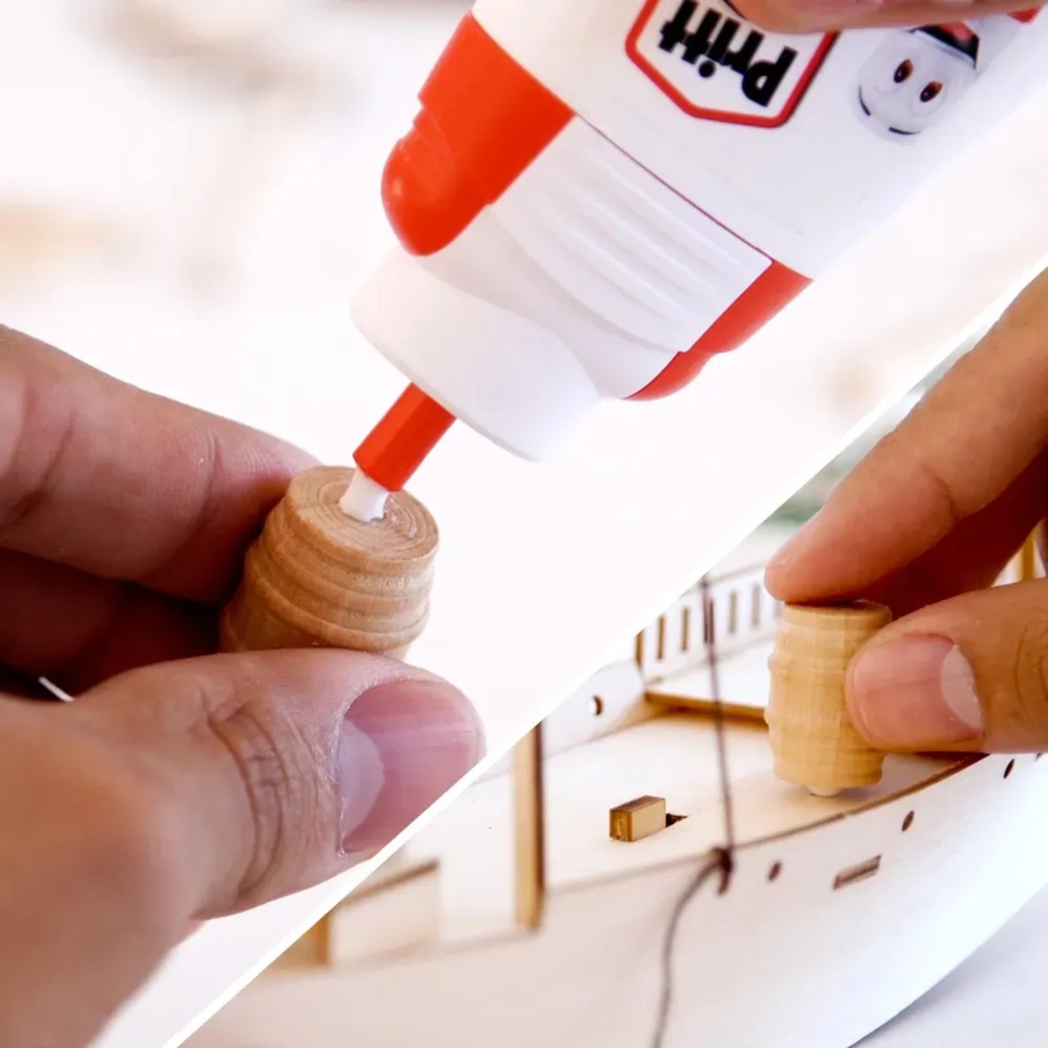 Anwendung von Pritt Bastelkleber (100g) auf ein Holzmodell.