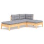 4-tlg. Gartenlounge-Set aus Kiefernholz mit grauen Kissen. Modulares System für Gartenmöbel.