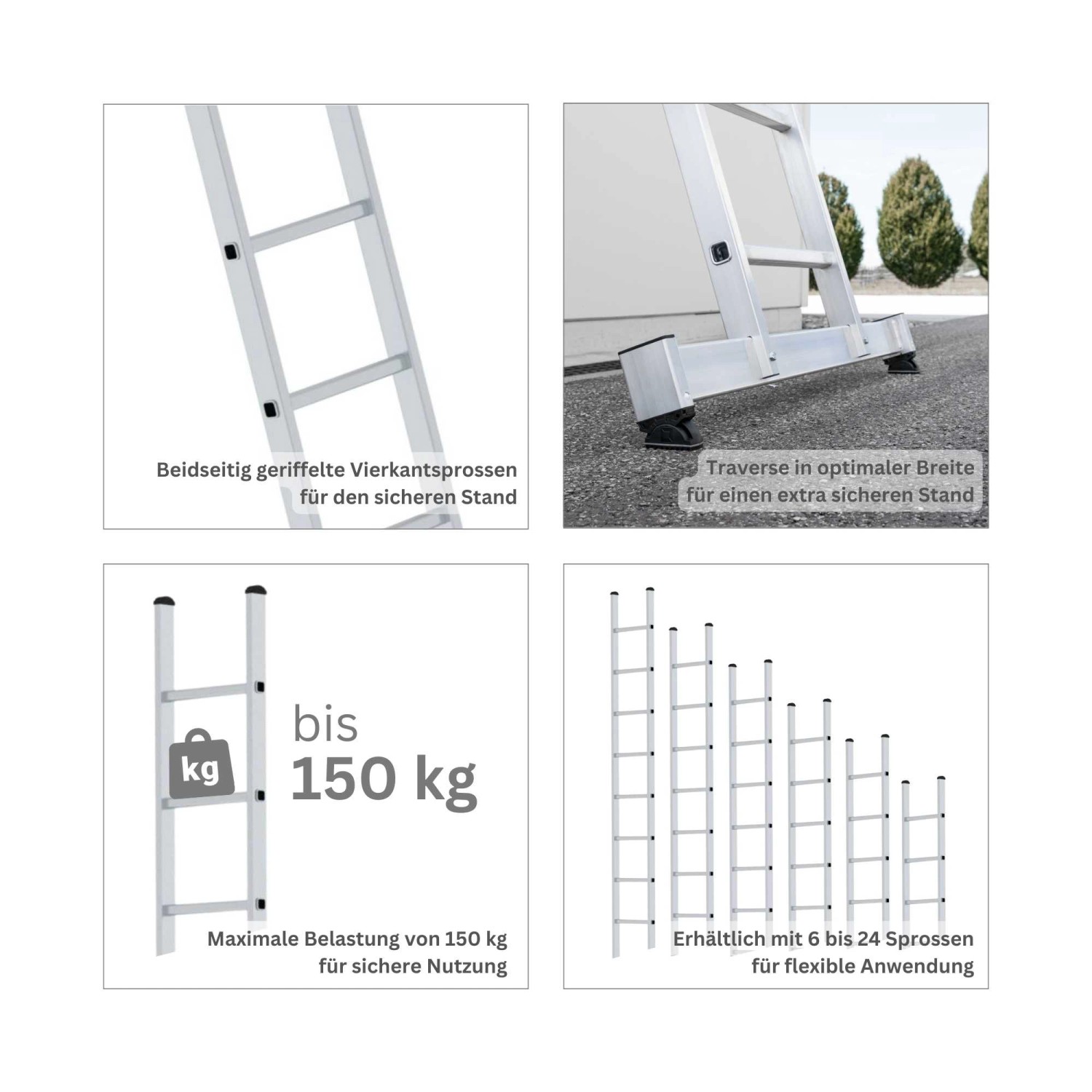 PROREGAL Anlegeleiter mit 8 Sprossen und Traverse für sicheren Stand. Aluminium Leiter.