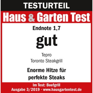 Testurteil 'gut' (1,7) für den tepro Toronto Gas-Steakgrill. Enorme Hitze für perfekte Steaks.