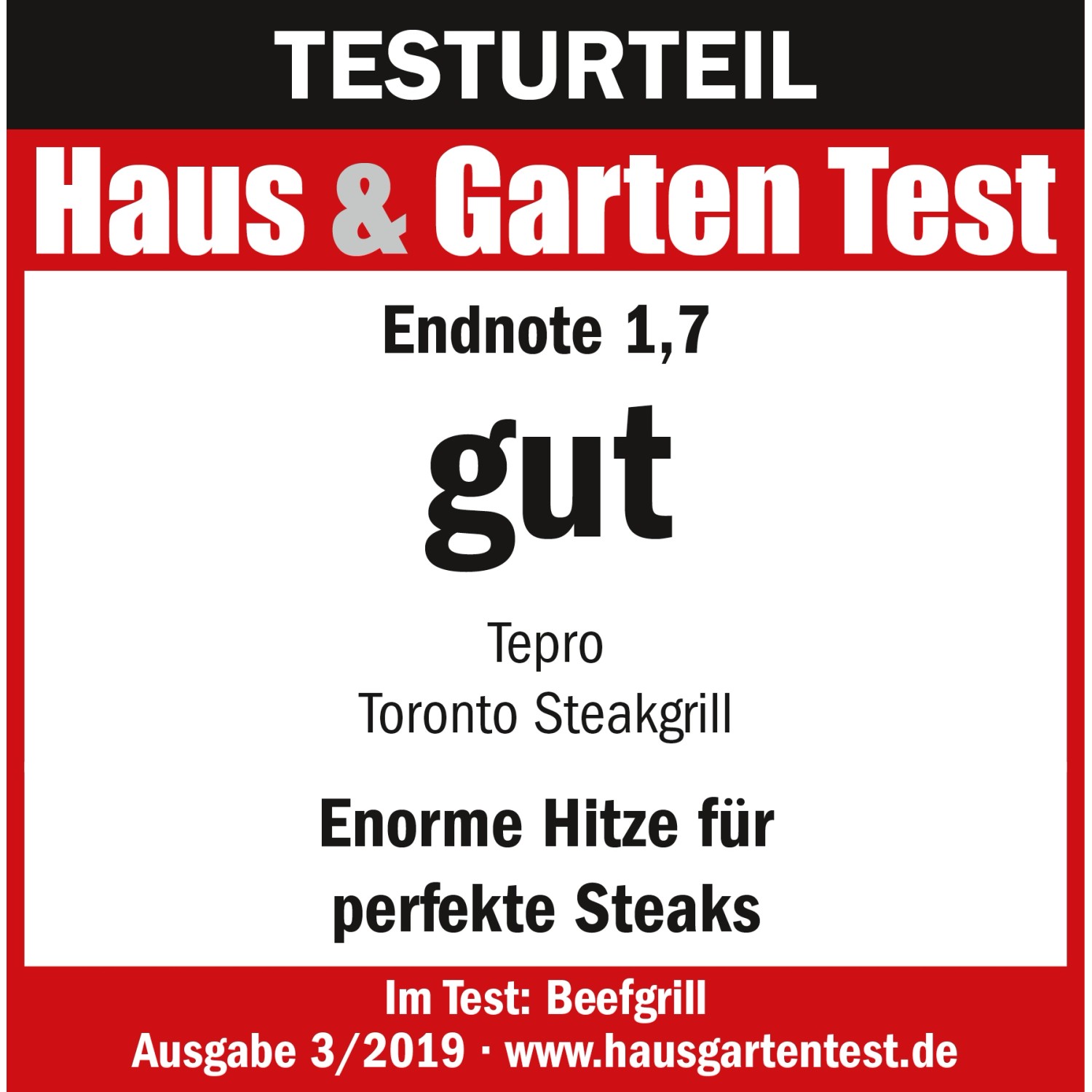 Testurteil 'gut' (1,7) für den tepro Toronto Gas-Steakgrill. Enorme Hitze für perfekte Steaks.