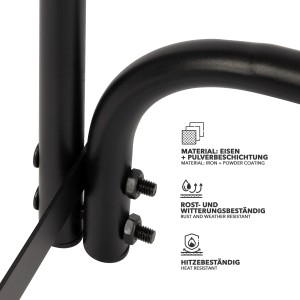 Detailaufnahme: Schwarzes Kaminholzregal Patmos aus pulverbeschichtetem Eisen, robust und witterungsbeständig.