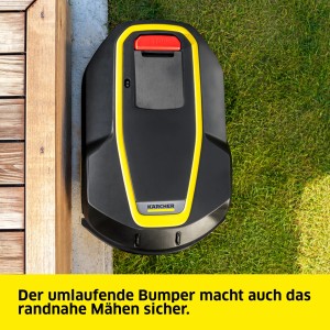 Kärcher RCX 4 Mähroboter, kabellos, mit gelbem Rahmen und rotem Knopf auf Rasen und Pflaster.