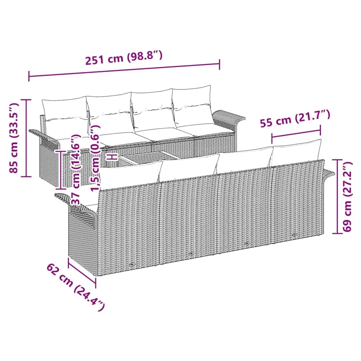 Beiges 9-teiliges Garten-Sofa-Set aus Polyrattan von vidaXL mit Tisch und modularem Design.