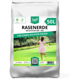 Weißer 50 L Sack Best for Home Rasenerde mit grünem Etikett, torffrei, für dichten Rasen und Pflanzen.