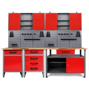 Ondis24 Werkbank Set „Tüftler“ (240 cm) mit roten Schränken und Lochwand für die Werkstatt.