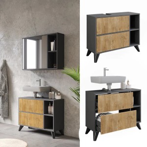 Vicco Waschbeckenunterschrank Leano, anthrazit und Bergeiche, 80 cm breit, mit zwei Schubladen.