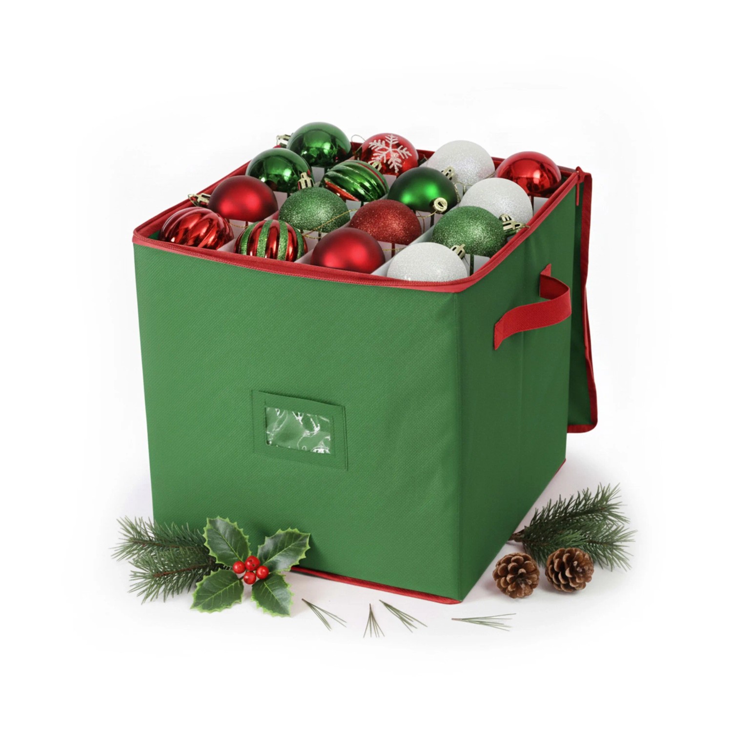 Relaxdays Weihnachtskugel Aufbewahrungsbox Polyester Pappe Kunststoff Grün 64 Fächer 33 cm x 33 cm x 33 cm