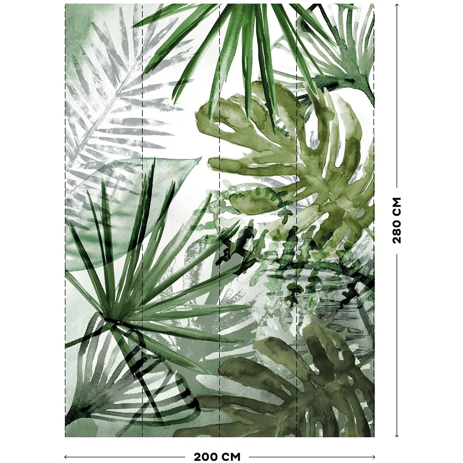 Art for the Home Fototapete mit Monstera-Motiv, grüne Blätter auf weißem Grund, 280x200 cm.