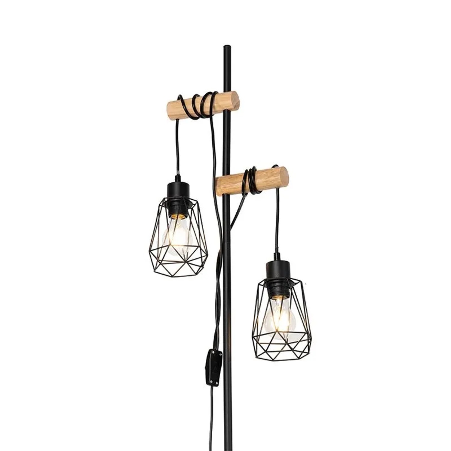 Schwarze QAZQA Stehlampe mit Holzdetails und zwei Lampenschirmen im Industrial Design.