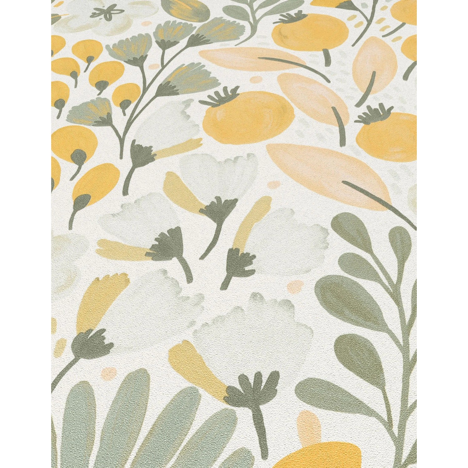 Erismann Vliestapete La Terrasse Jardin Poetique mit Blumenmuster in Beige und Grün.