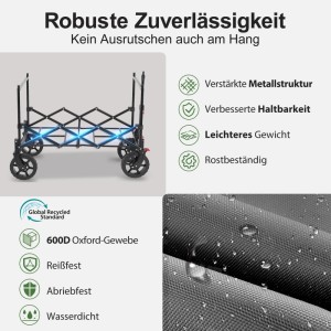 Sekey XXL Bollerwagen, faltbar, grau, 150L. Campingwagen mit Stahlrahmen und wasserdichtem Oxford-Gewebe.