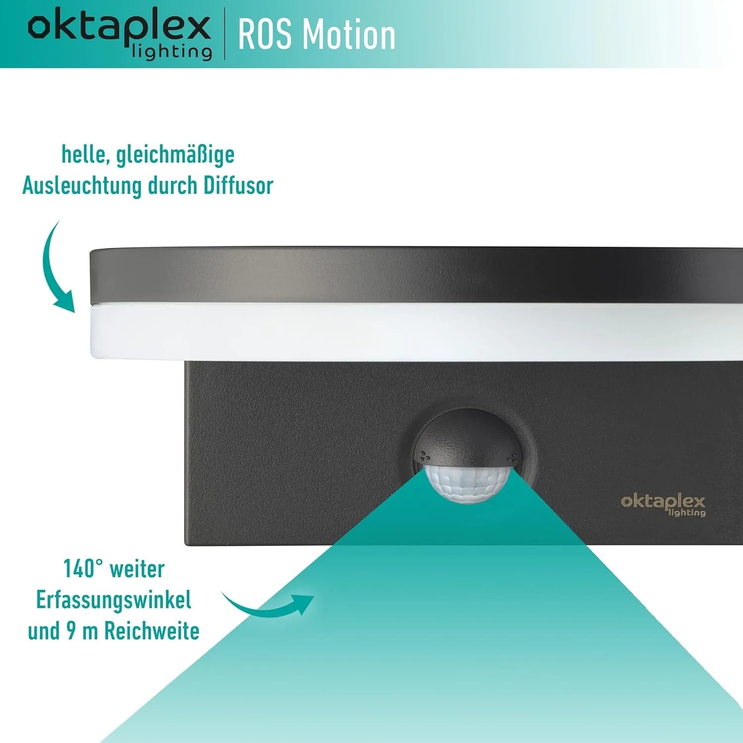 Oktaplex Außenleuchte Ros anthrazit mit Bewegungsmelder, Nahansicht.