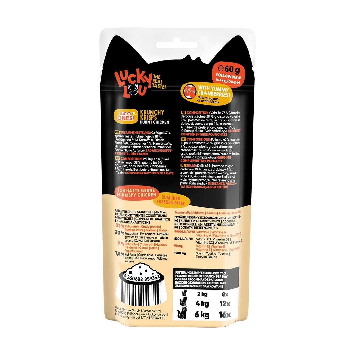 Lucky Lou Katzen-Trockenfutter Krunchy Krisps Huhn, 60g Packung. Getreidefreies Katzenfutter mit Huhn.