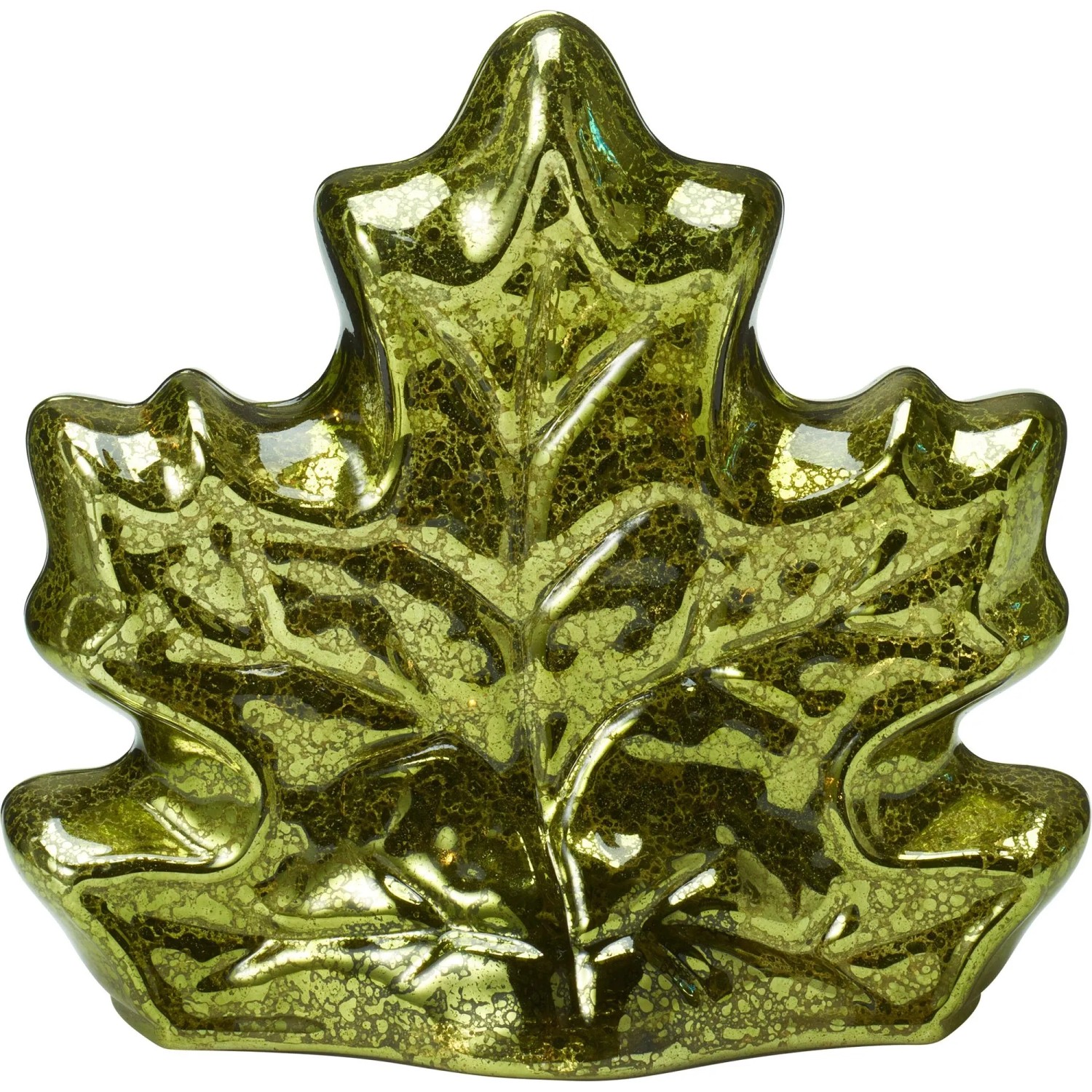 Grünes Glasblatt mit LED-Beleuchtung im Ahornblatt-Design. Dekorative Figur mit strukturierter Oberfläche.