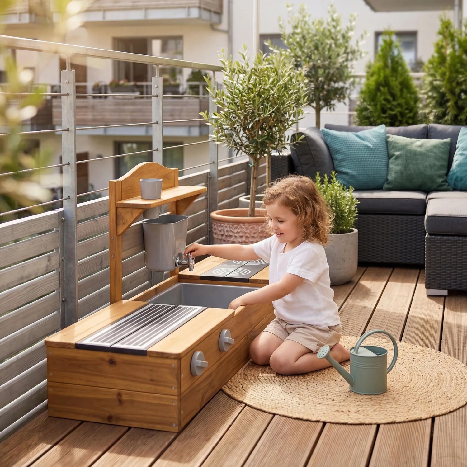 Kind spielt an roba 2in1 Balkonsandkasten und Matschküche aus Holz auf Balkon. Sandkasten mit Wasserhahn, Kochfeld.