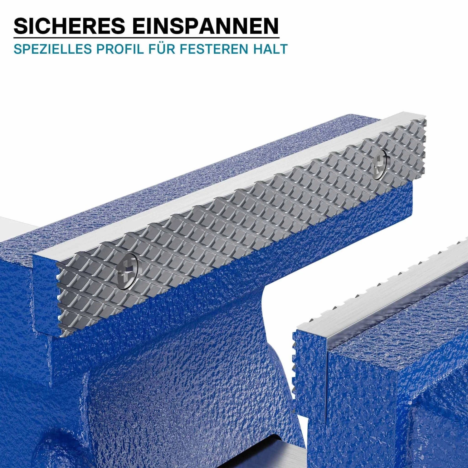 Nahaufnahme der blauen Schraubstock-Klemmbacken mit speziellem Rautenprofil für sicheres Einspannen von Werkstücken. Heavy Duty Spannwerkzeug.