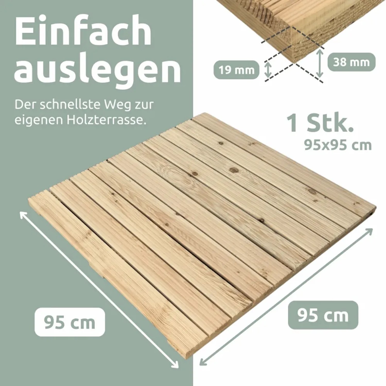 DELUKE Holzfliese Kiefernholz 95x95cm Fliese Geriffelt Terrassenfliese Holz Quadratisch Terrassendiele mit Unterkonstruktion Balkon Bodenfliese_2