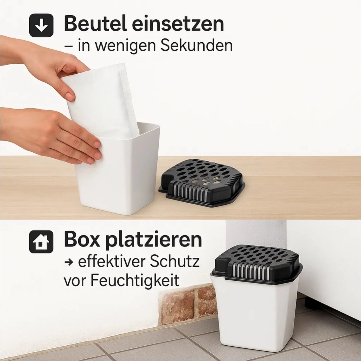 BigDean Luftentfeuchter: Hände füllen Granulat in Behälter. Fertige Box schützt vor Feuchtigkeit in Wohnräumen, Keller, Garage.