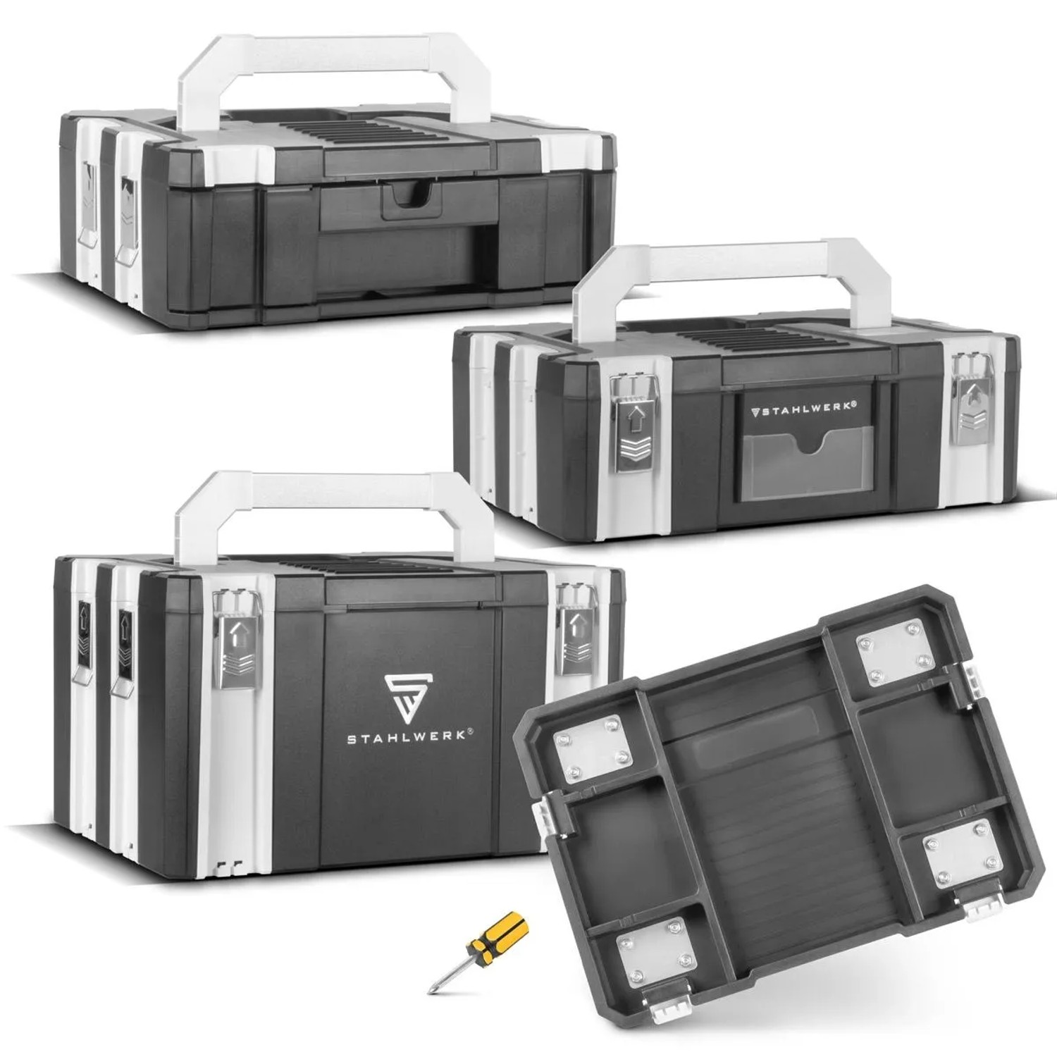 STAHLWERK mobiles Toolbox Set mit 3 Werkzeugkoffern, Rollbrett und Lenkrollen.