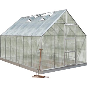 Halls Gewächshaus Universal 128 aus Alu, 9,9 m² mit Dachfenstern und Schiebetür.