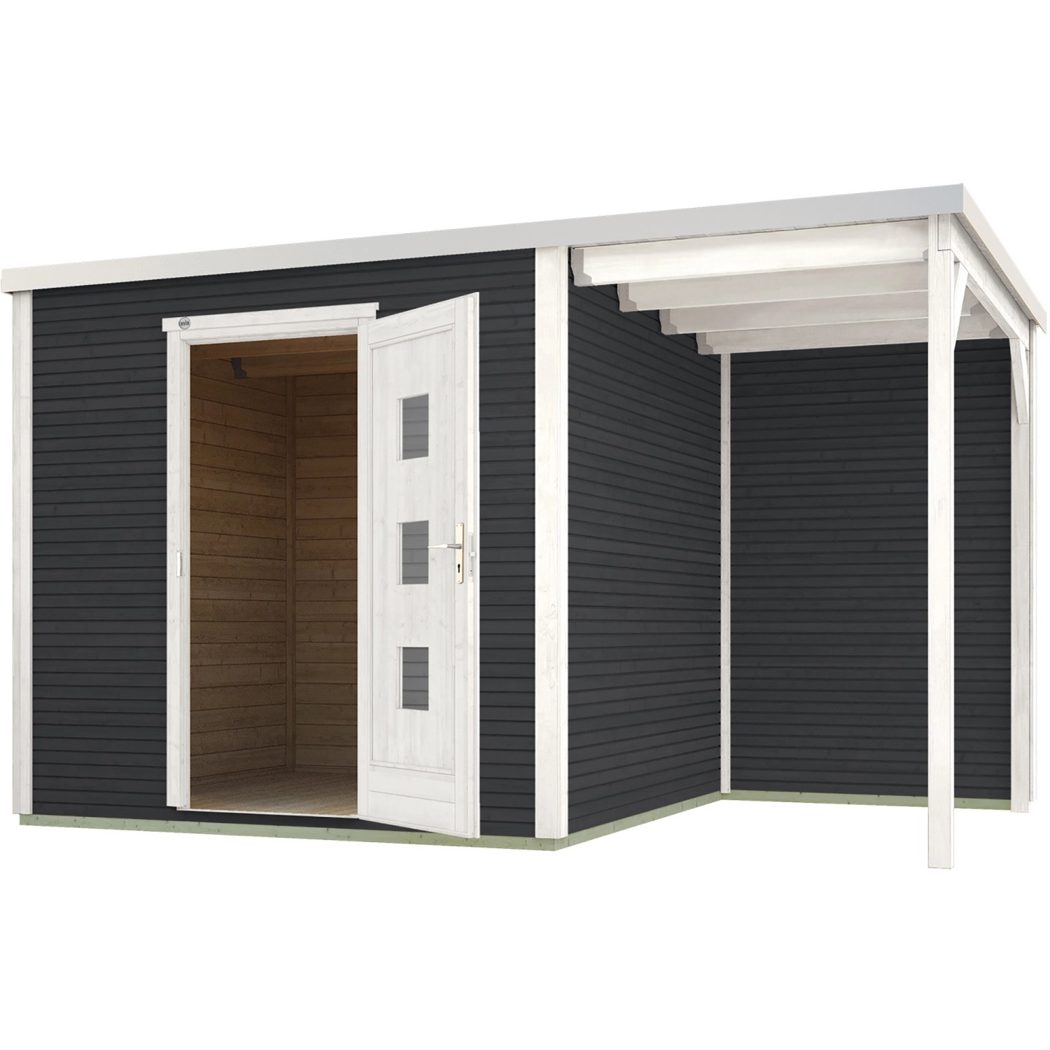 Weka Gartenhaus wekaLine 413 A, anthrazit, mit Anbau und geöffneter Tür. Holz-Gartenhaus für Garten oder Freizeit.