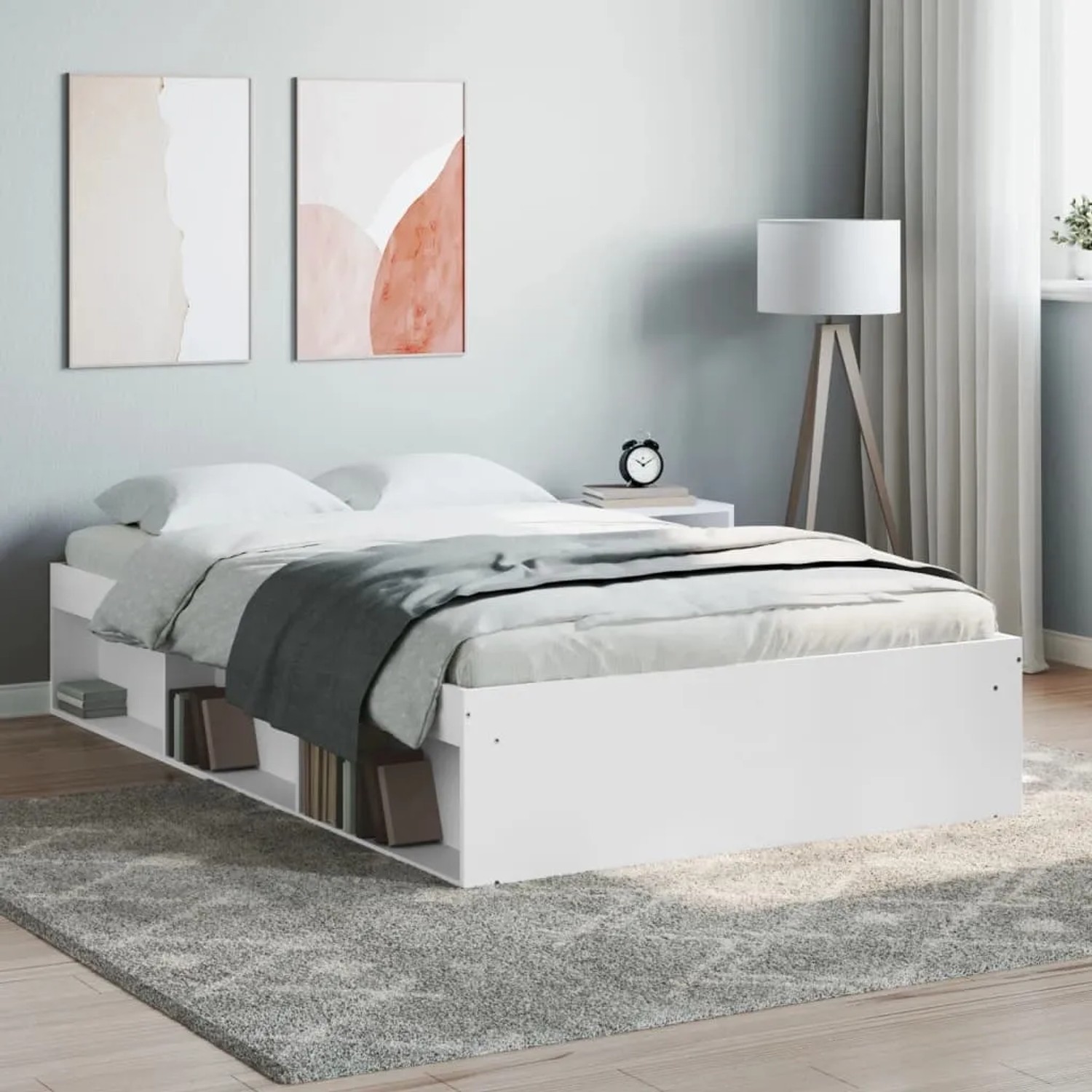 Weißes vidaXL Bettgestell (120x200 cm) mit Stauraumfächern unter dem Bett.