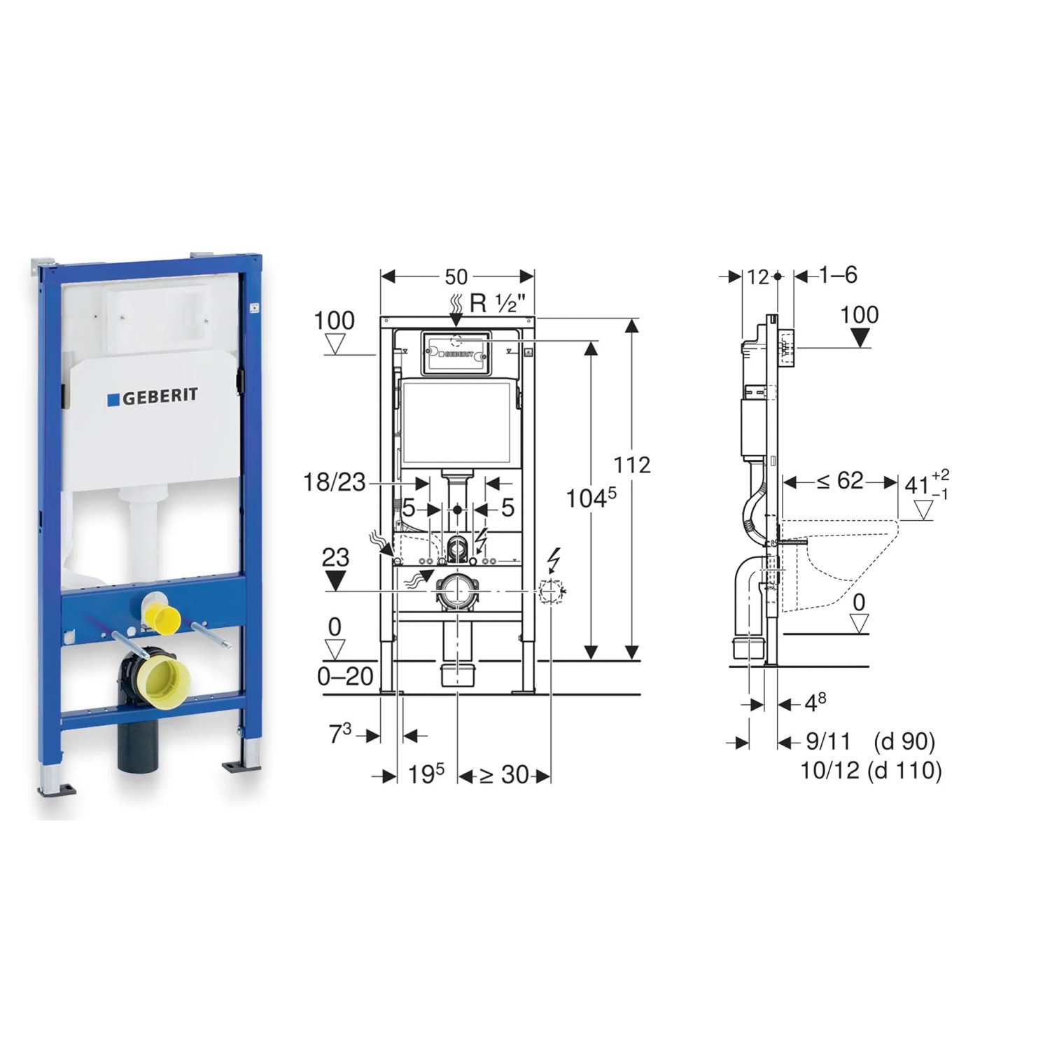 Detailzeichnung WC-Set: Geberit Duofix Vorwandelement, Toilette, Platte. Maße und technische Details.