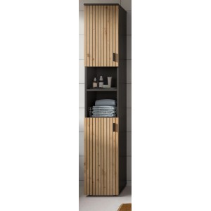 Inn.Furn Bad Hochschrank Livia in Eiche und Grau, 30x192 cm, mit Fächern für Badutensilien.