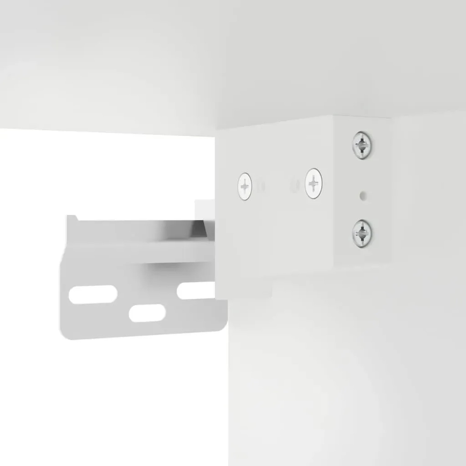 Detailansicht: Weißer Wand-Nachttisch vidaXL, Montageelemente und Schrauben.