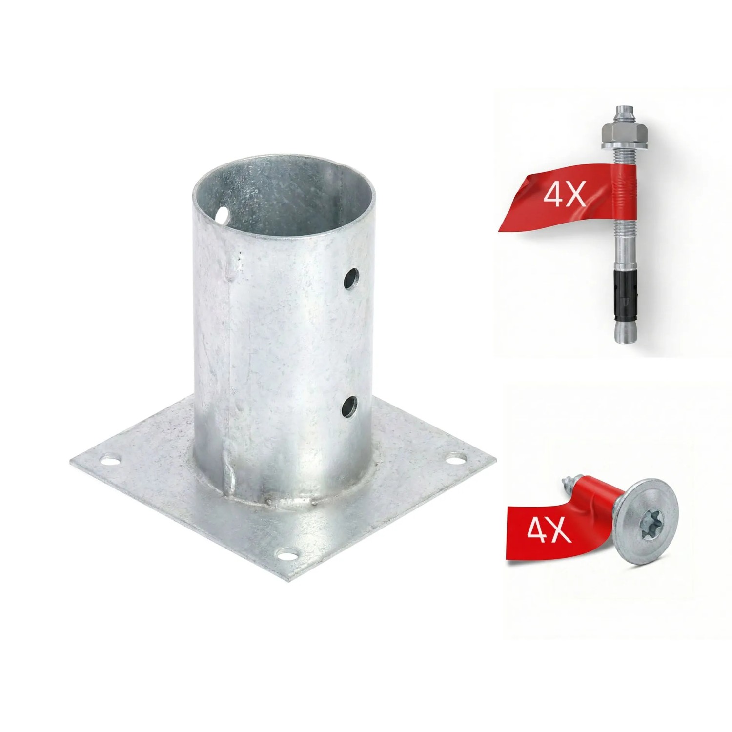 HOLLMAX 1 Stk. Aufschraubhülse/Pfostenträger 80 mm Komplettset Verzinkt Silber für Rundholzpfosten