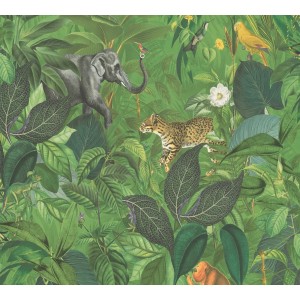 Grüne Vliestapete mit Dschungel-Motiv: Elefant, Leopard, Affen und exotische Pflanzen.