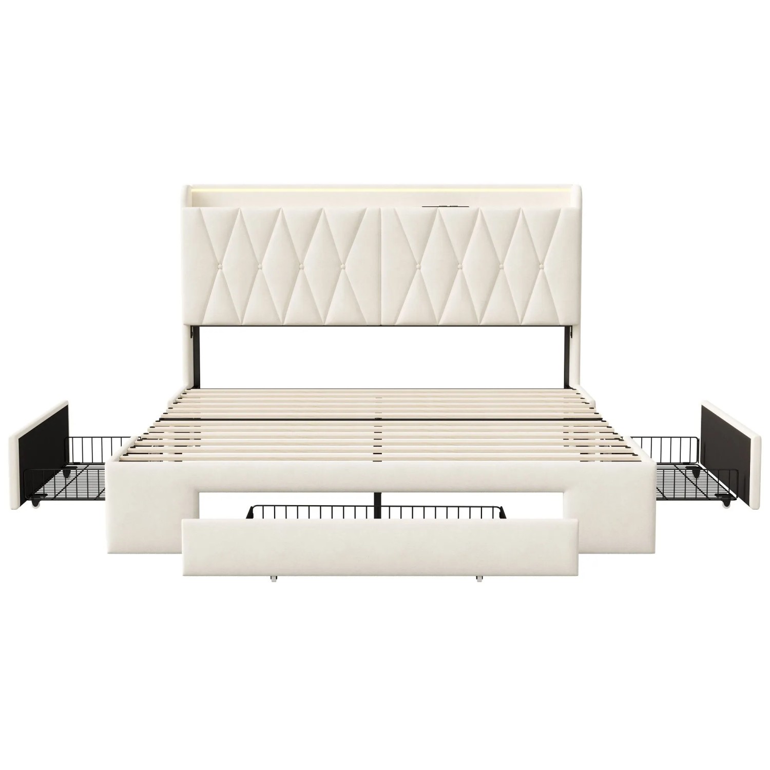 PXloue Polsterbett 140x200cm mit 4 Schubladen-Gepolstertes Kopfteil mit Stauraum-Ladestation und LED