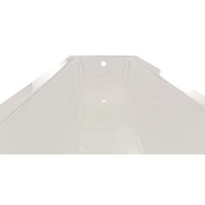 Detailansicht der weißen Calmwaters Rechteckwanne 170x75 cm mit Wannenfuß und Ablaufgarnitur.