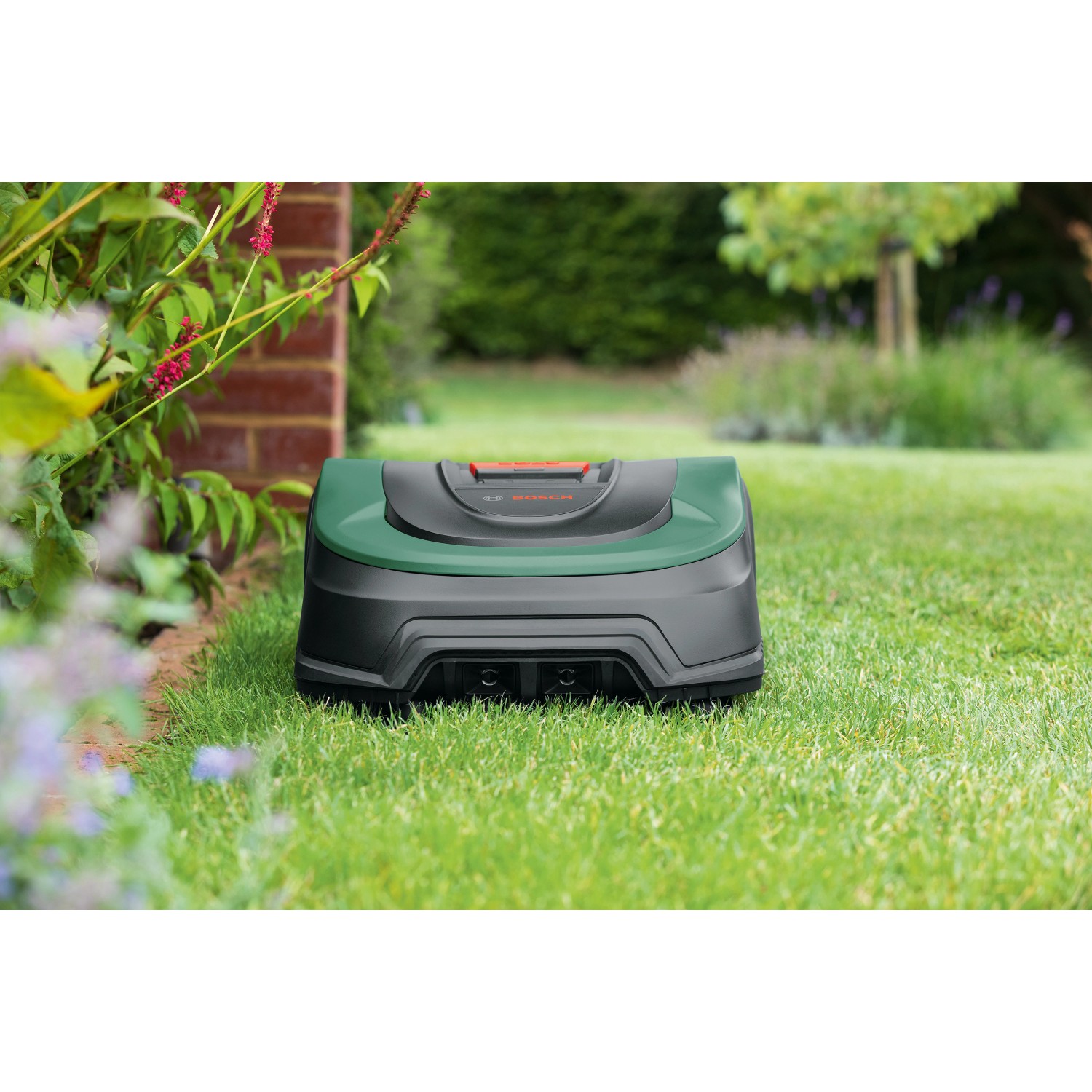 Bosch Mähroboter Indego M 700 beim Rasen mähen im Garten.