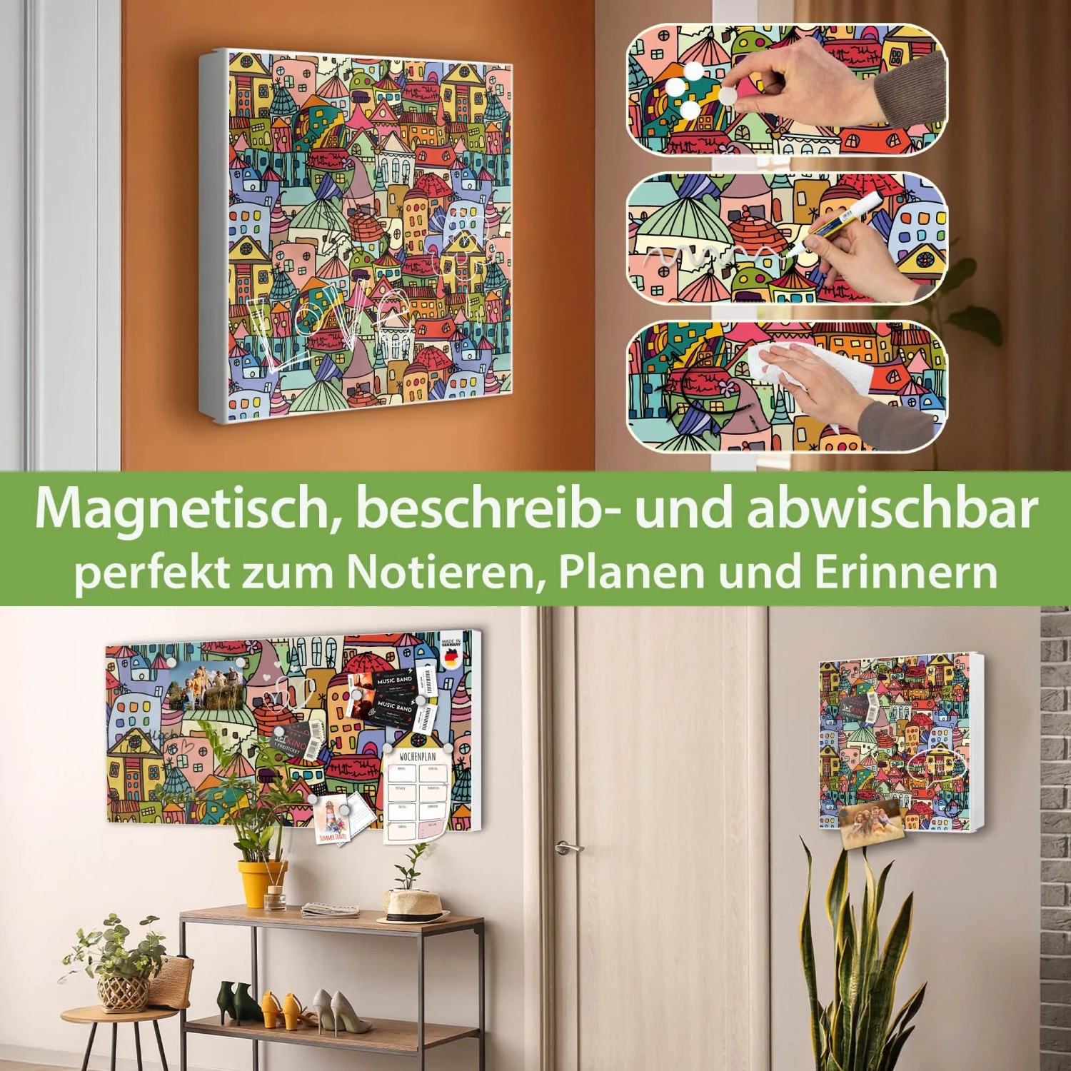 Banjado Großer Schlüsselkasten Metall 30x30cm Weiß Scharnier Rechts 50 Haken Beschreibbar Magnetisch Motiv Funky Town
