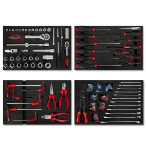 EBERTH Multitool Werkzeugset, 81-teilig, rot, für Werkzeugwagen mit Schraubenschlüsseln, Zangen und Schraubendrehern.