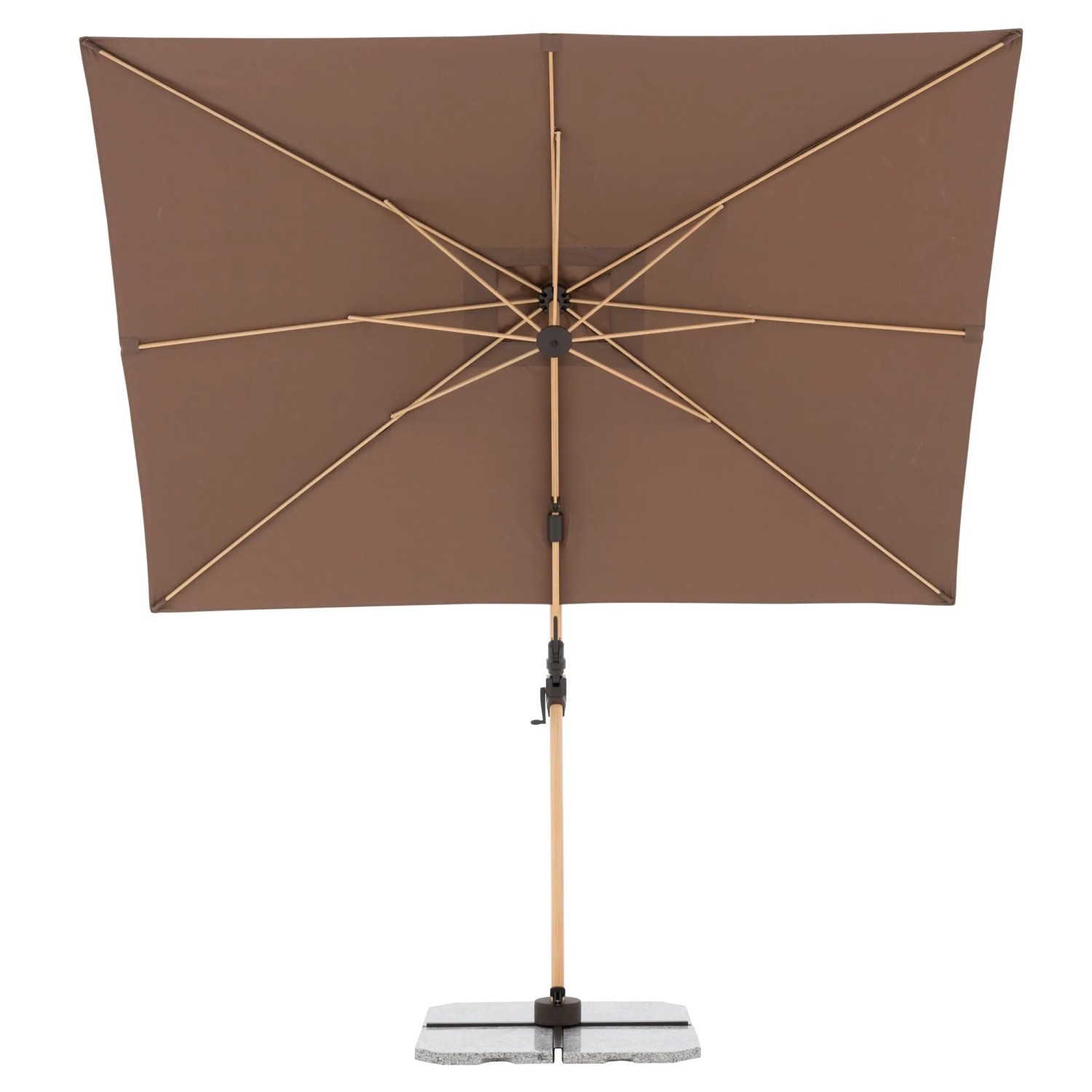 Rechteckiger, greige Doppler Ampelschirm Alu Wood 300x220 cm mit Dreh- und Neigungsfunktion.