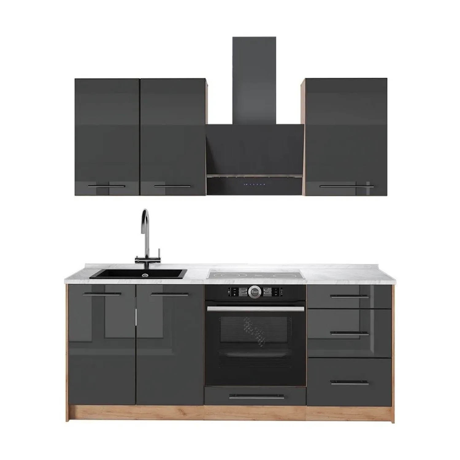 Vicco Singleküche Fame-Line Anthrazit Hochglanz/Goldkraft Eiche 190 x 82 AP Marmor Art Nr 64877