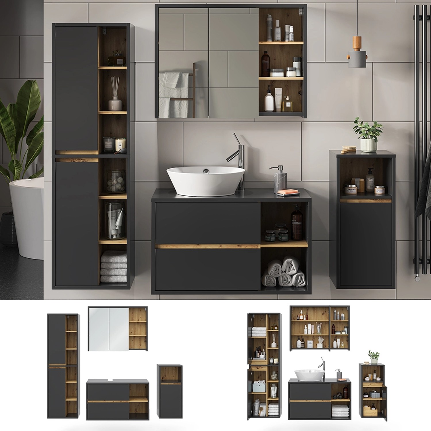 Vicco Badmöbel-Set Viola, 4-teilig in Anthrazit/Eiche, mit Spiegelschrank, Hoch-, Mittel- und Unterschrank.