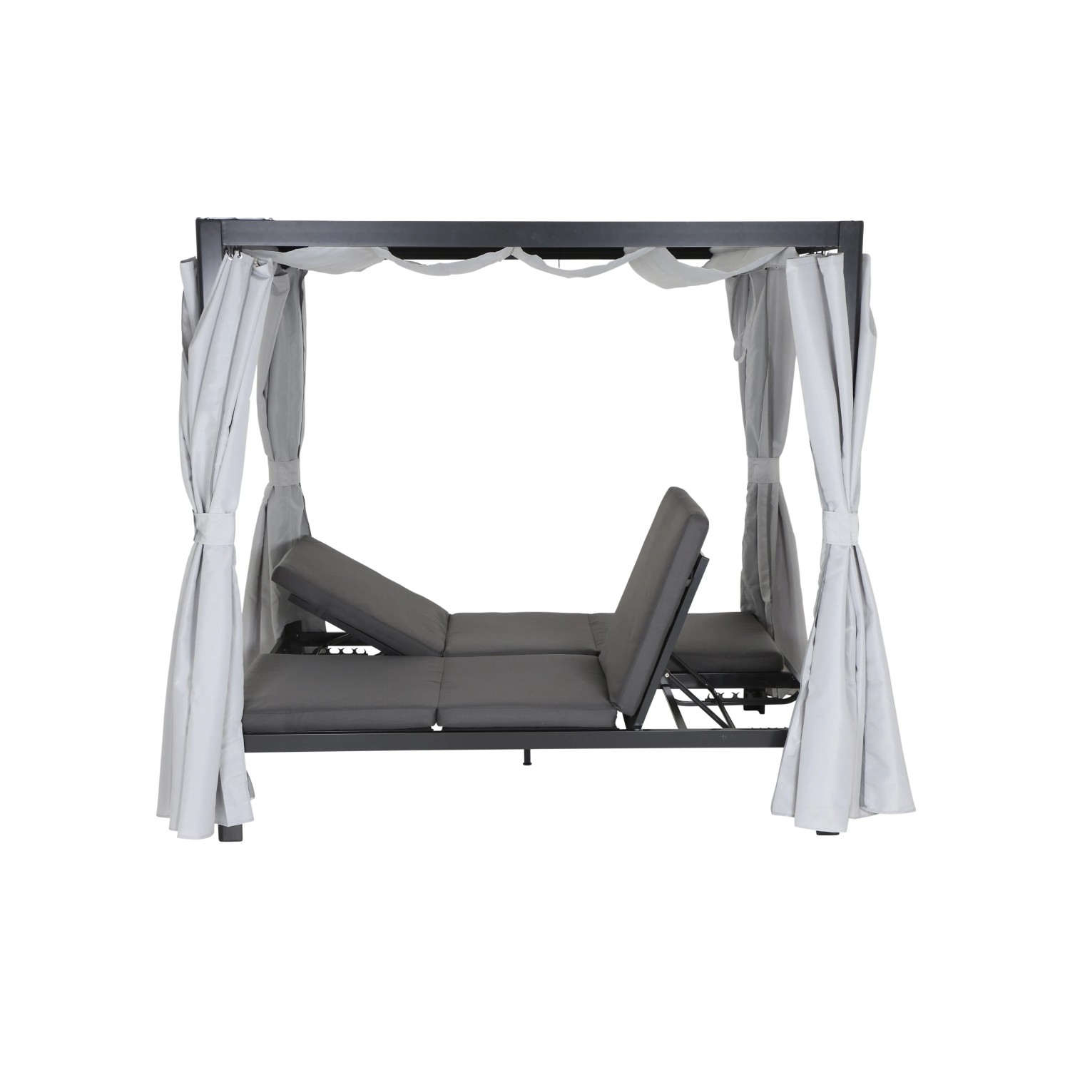 Siena Garden Loungebett Waikiki mit anthrazitfarbenem Gestell und hellgrauen Vorhängen.
