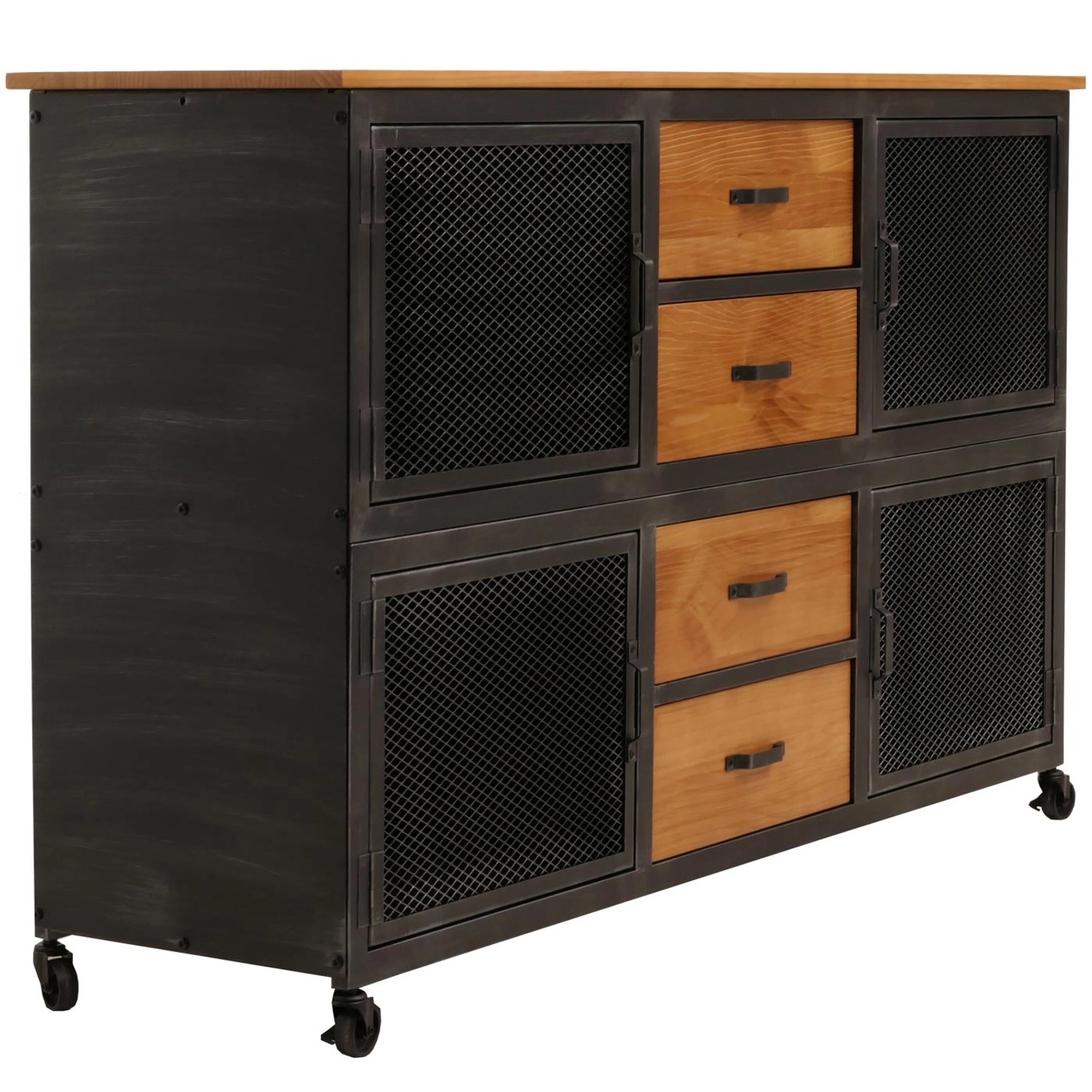 Schwarzer Werkstattwagen N28 mit 4 Schubladen und Fächern, 90x150x40cm, Retro-Design.